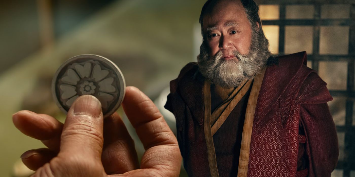 Um ladrilho de lótus branco ao lado de Iroh do Avatar da Netflix: O Último Mestre do Ar