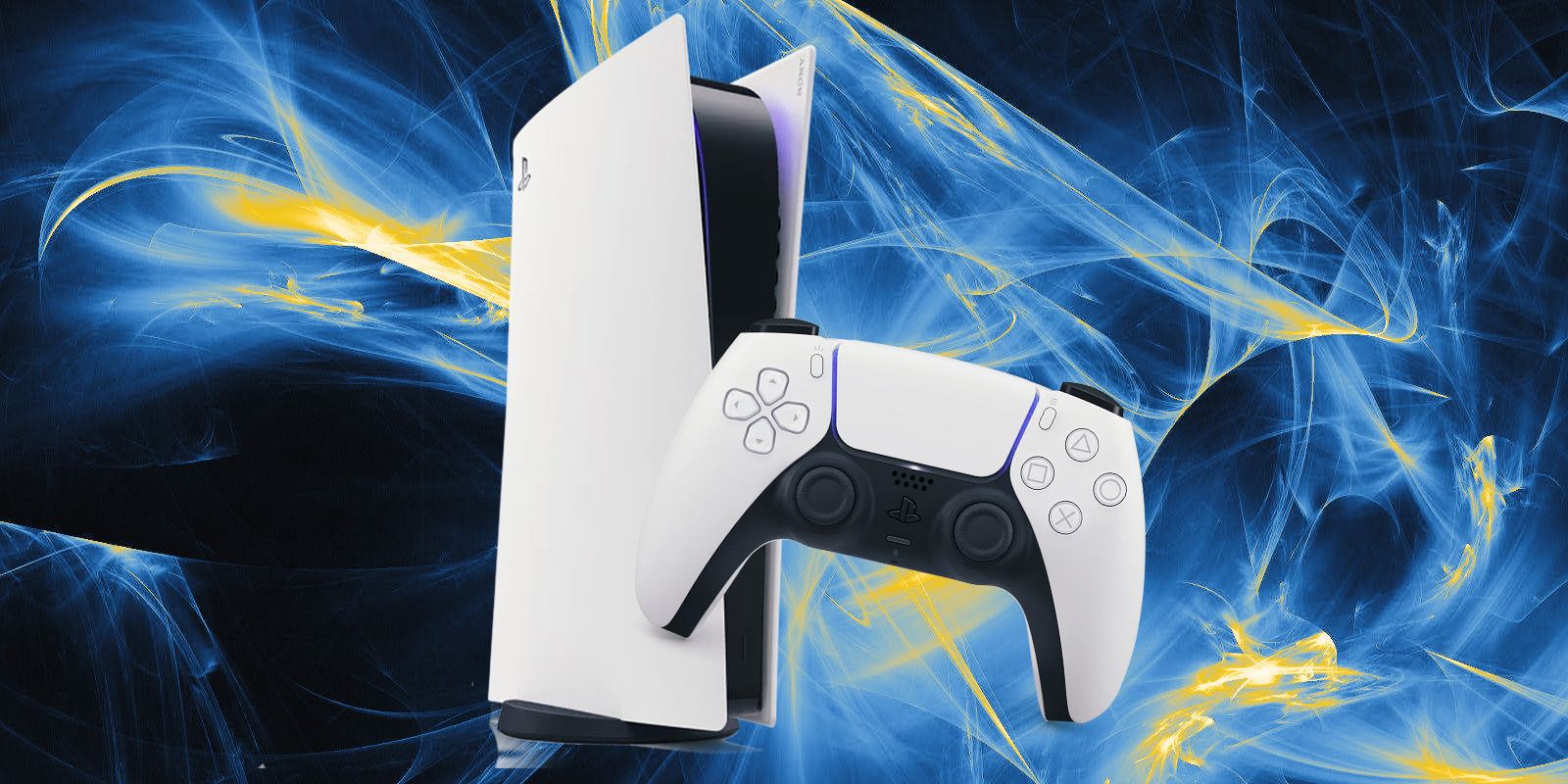 White PS5 console with controller against a dynamic blue background