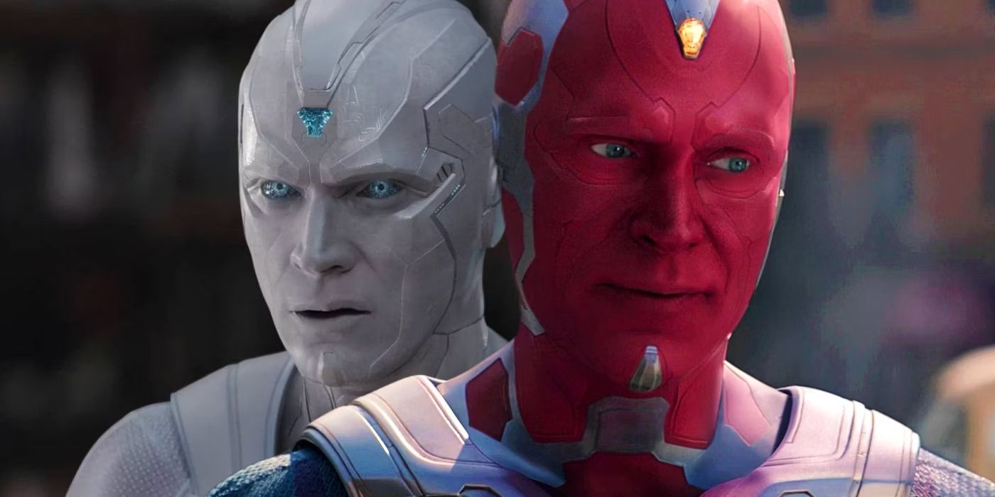 Split image of Paul Bettany's White Vision and Vision looking stoic in WandaVision