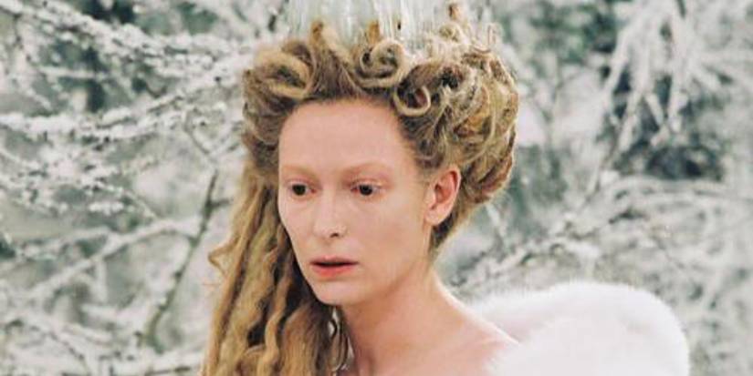Tilda Swinton as The White Witch is looking down in The Chronicles of Narnia.