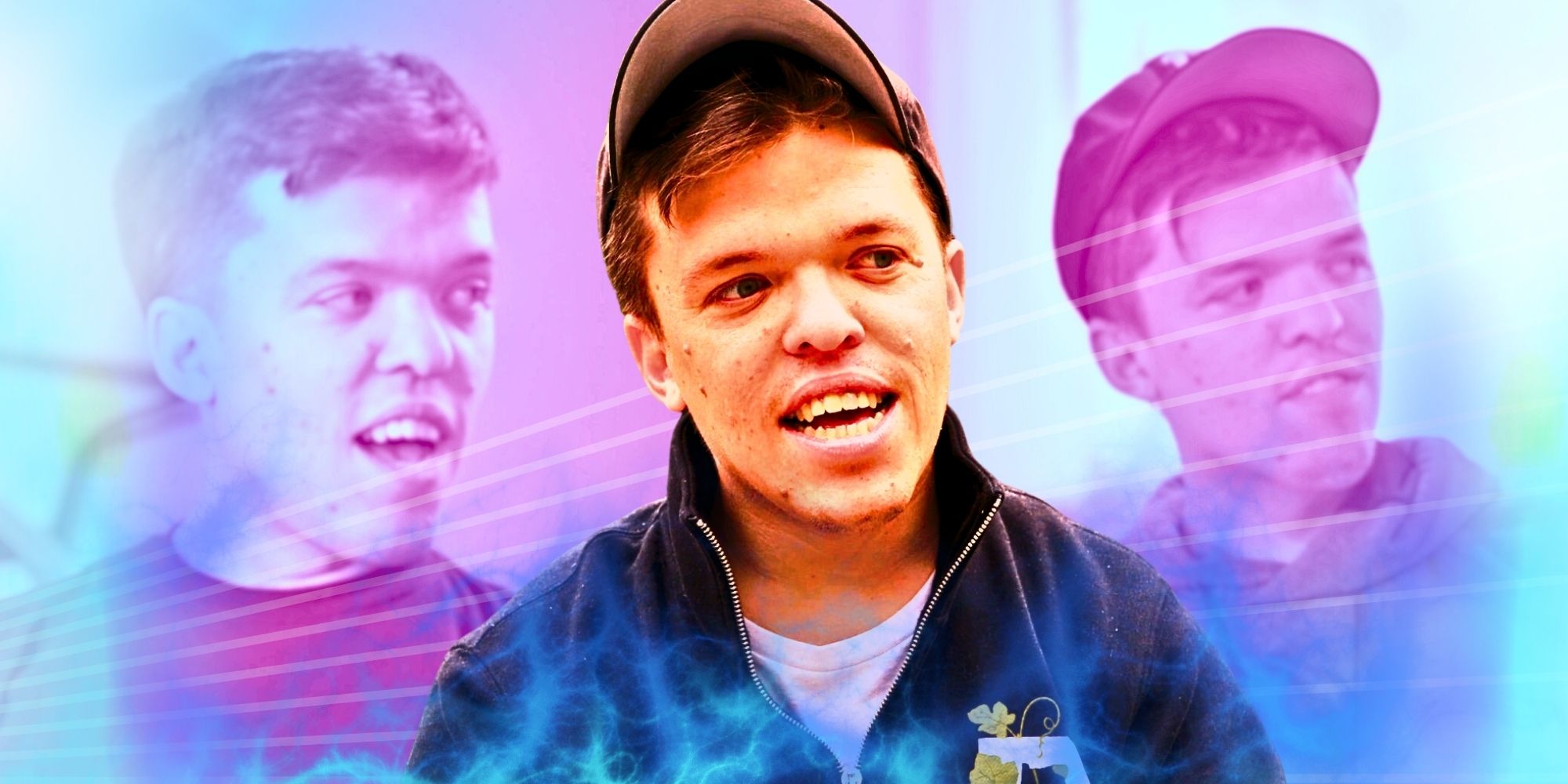 Zach Roloff from Little People, Big World smiling in the center of two other photos of him speaking
