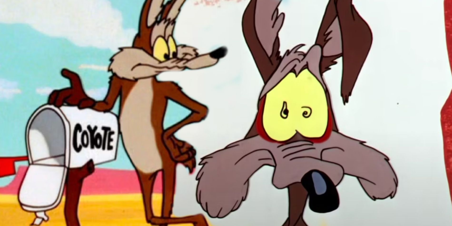 Wile E Coyote Leaning on a Mailbox Next to Wile E Coyote Looking Scared in Looney Tunes