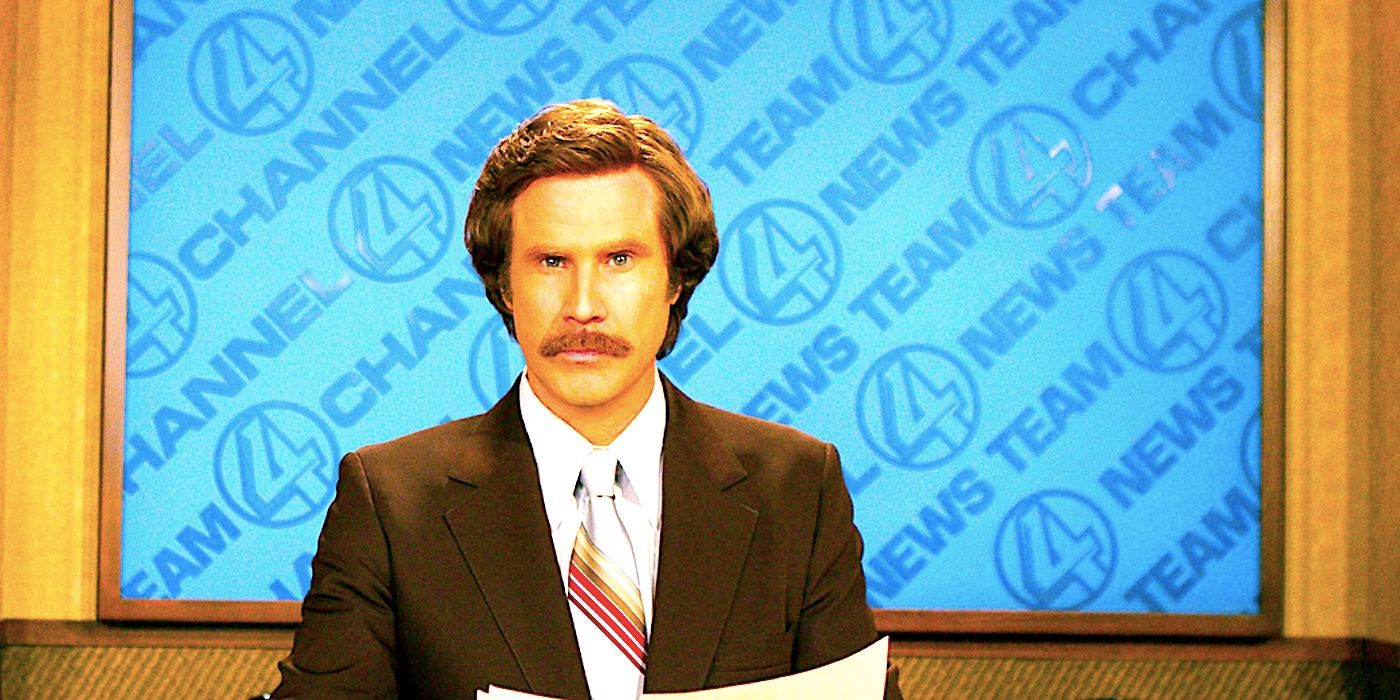 Will Ferrell as Ron Burgundy sitting at a news anchor's desk in Anchorman 2004