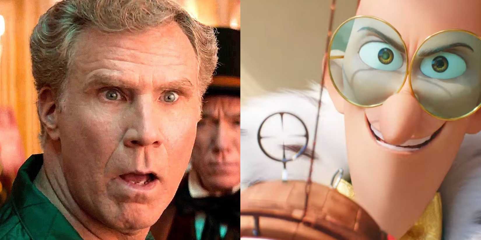 Split image of Will Ferrell surprised in Spirited 2 and Maxime Le Mal in Despicable Me 4