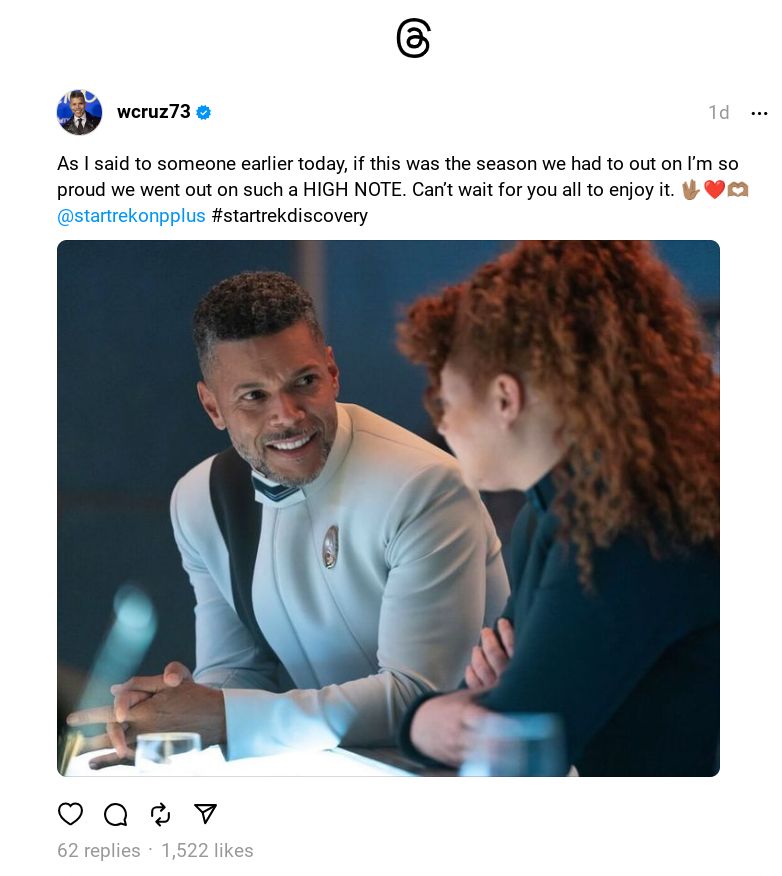 Wilson Cruz Threads post about Star Trek: Discovery. Image has Dr. Hugh Culber speaking to Lt. Sylvia Tilly (Mary Wiseman)