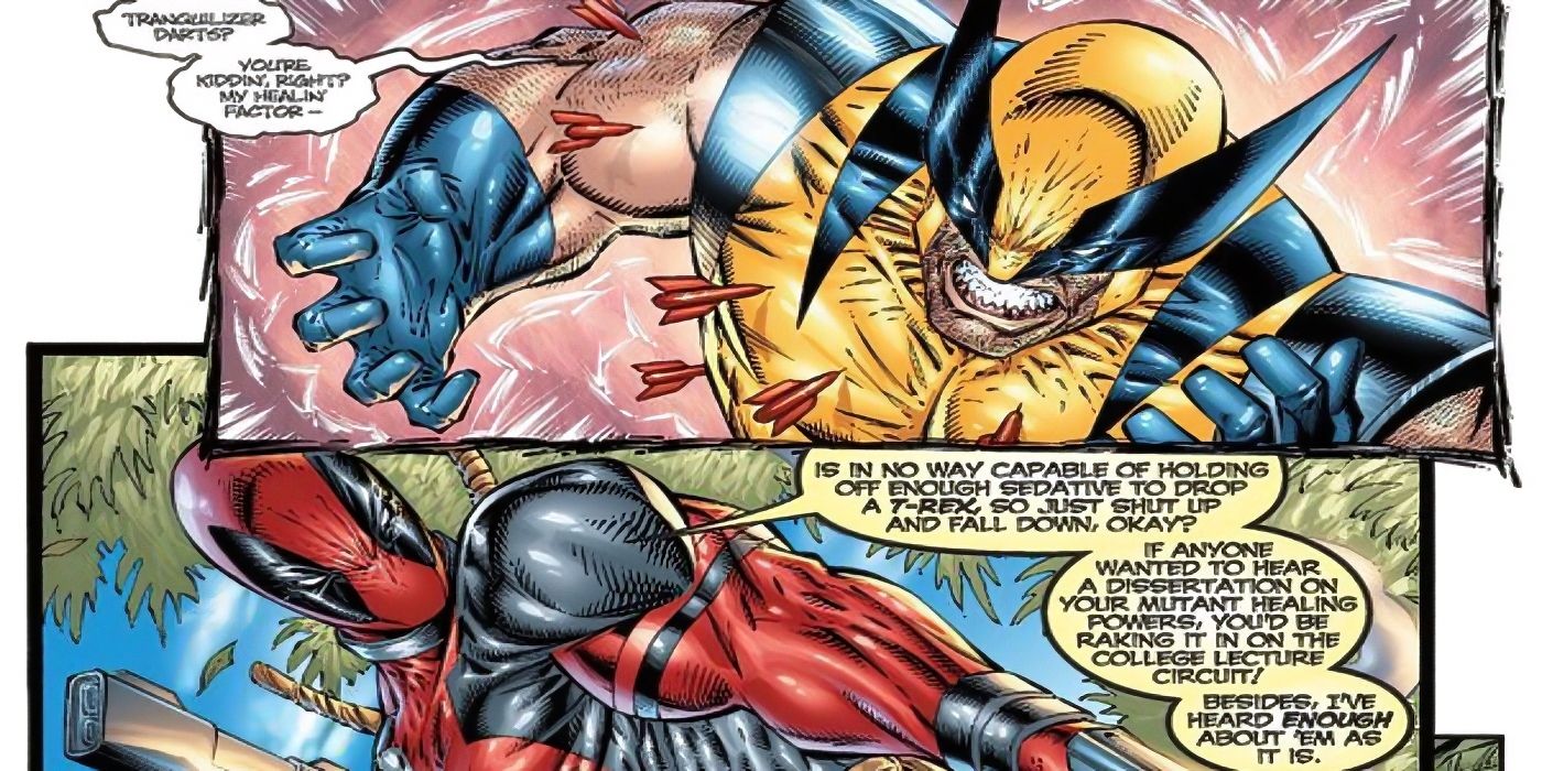 Deadpool taking down Wolverine with tranquilizer darts in Marvel comics