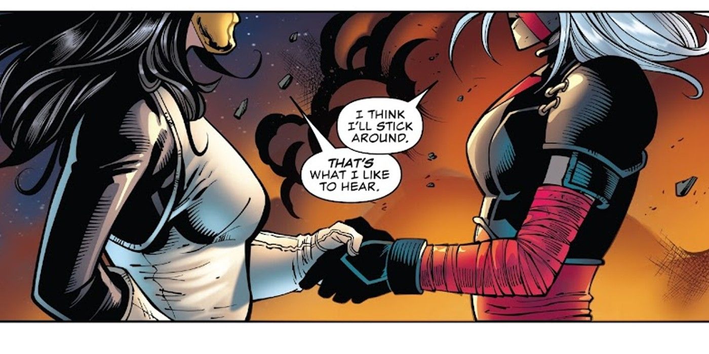 Wolverine's daughter Bellona and Madame Masque shake hands