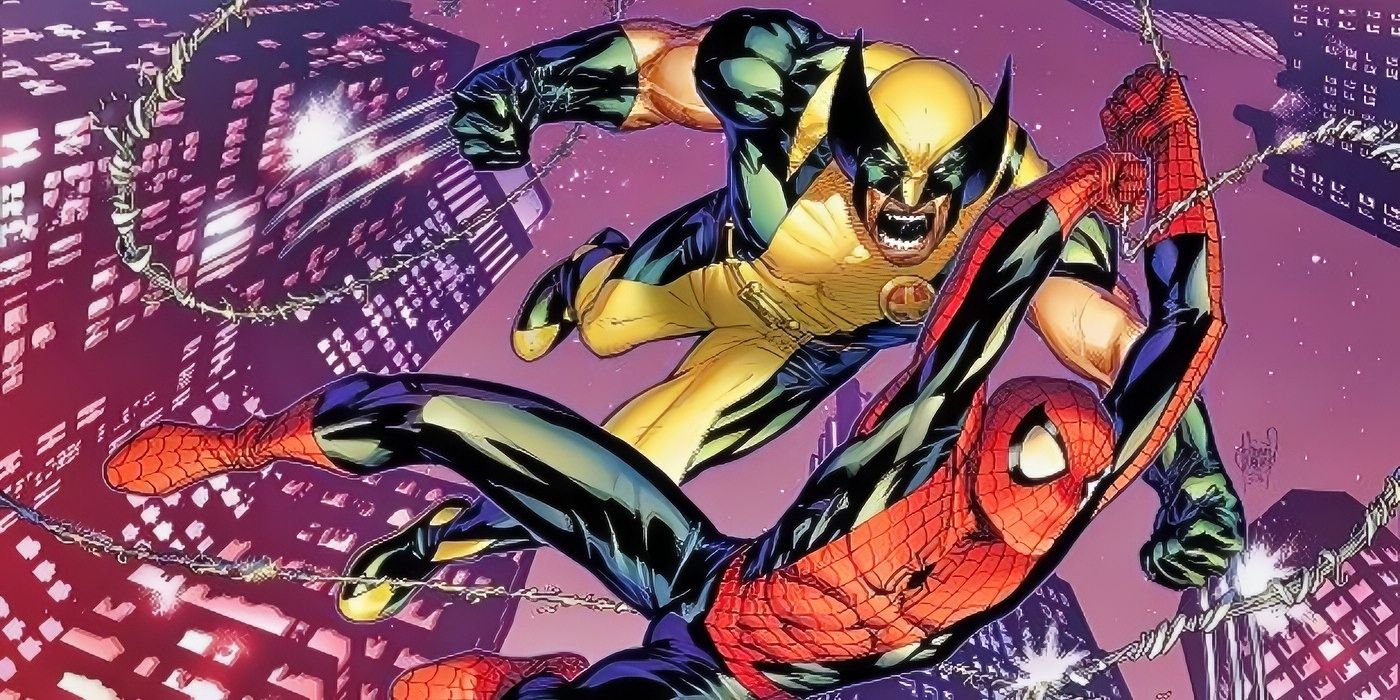 Wolverine pulando atrás do Homem-Aranha.