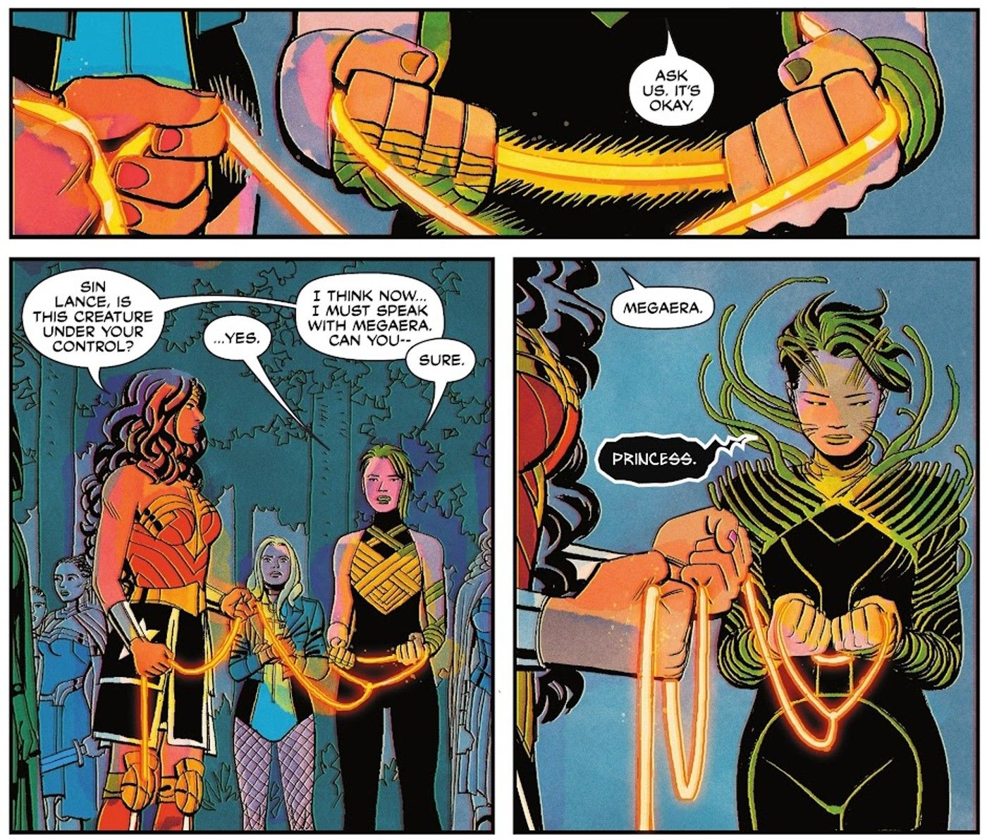 Comic book panels: Wonder Woman interrogates Megaera in Sin Lance's body.