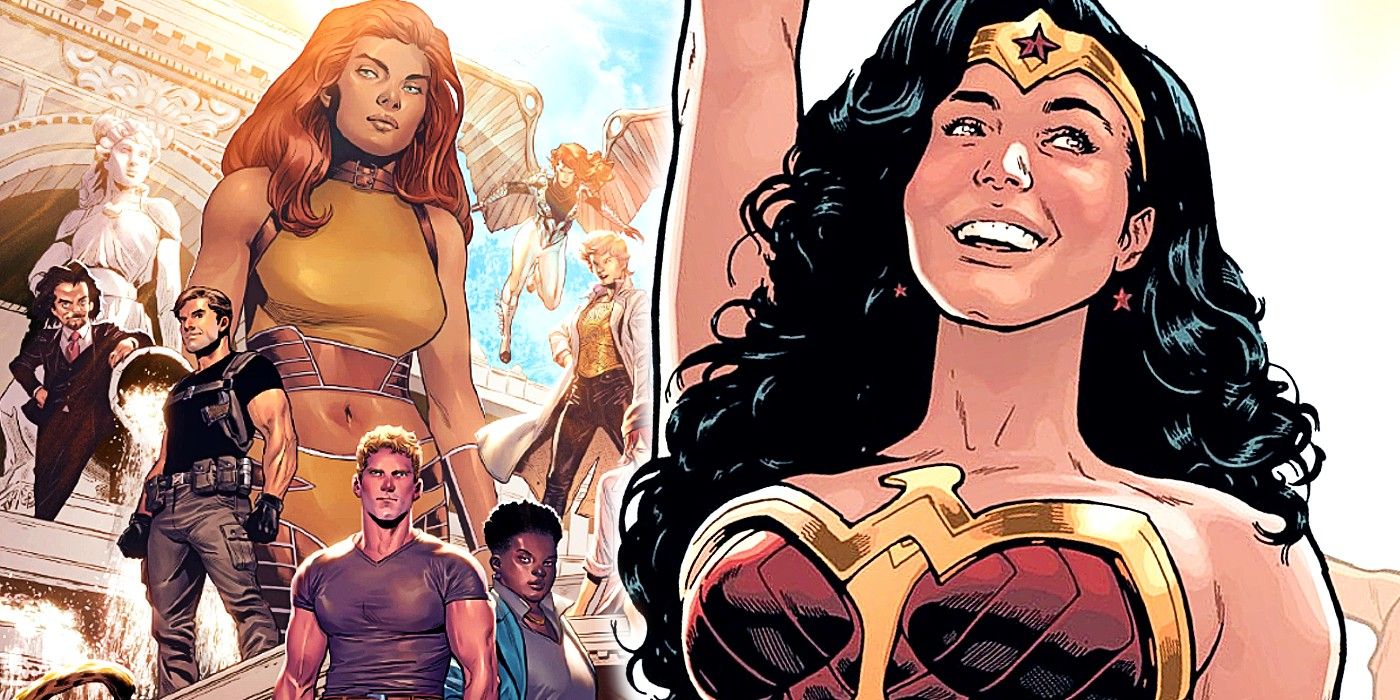 Comic book art: Wonder Woman smiling next to a group of her supporting cast including villains Giganta, Silver Swan, and more.