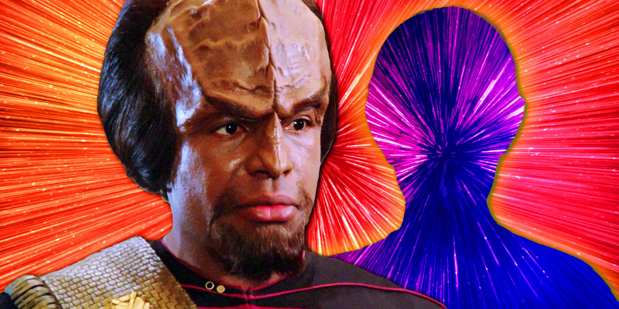 Worf from early TNG with a silhouette of Lt. Selar (Suzie Plakson) from _The Schizoid Man