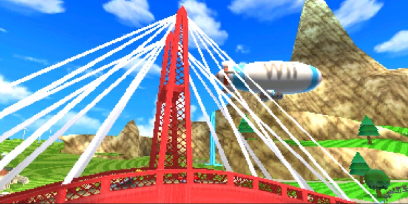 Pista Wuhu Loop Mario Kart.  Uma grande ponte vermelha e um balão de ar quente do Wii.