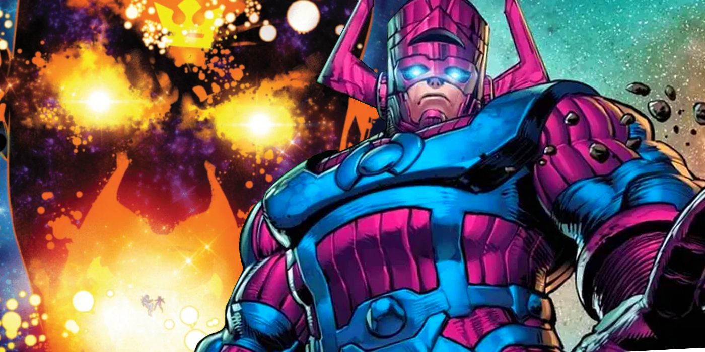 A split image of a Dominion (left) and Galactus (right) from Marvel Comics.