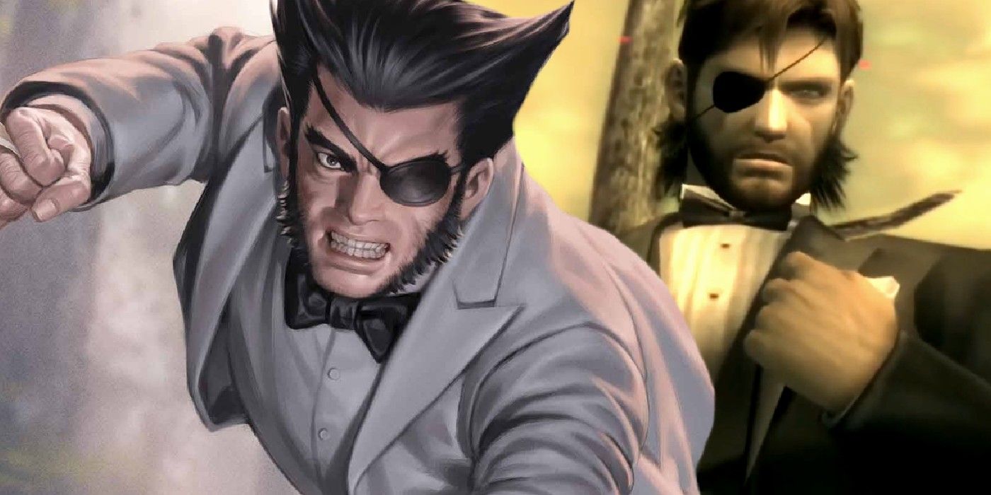 x-men’s wolverine and metal gear solid’s snake both wearing eyepatches and tuxedos