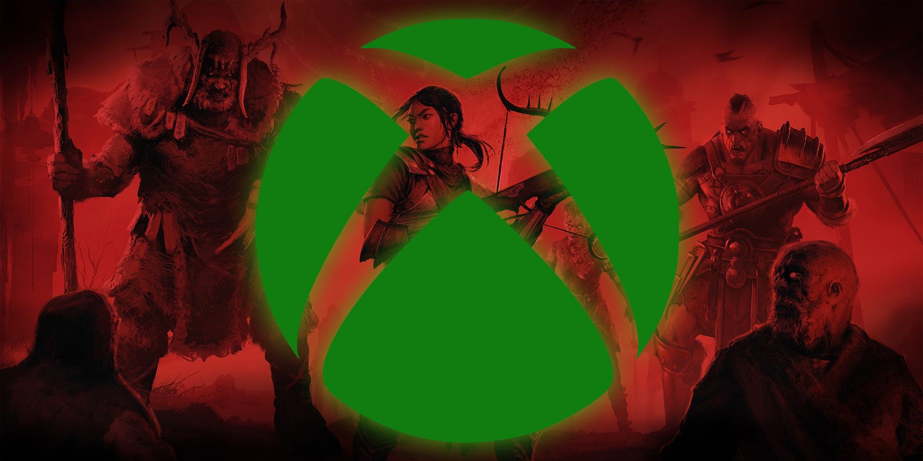 Xbox logo in front of red-tinted art for Diablo 4 sowing various armed characters.