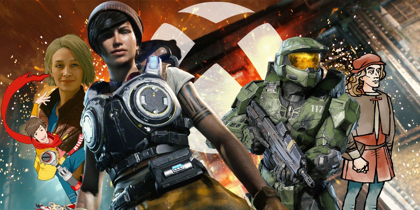 Xbox logo with Master Chief from Halo and Kait Diaz from Gears 5, Chai from Hi-Fi Rush, Andreas from Pentiment, and Sarah Morgan from Starfield 2.