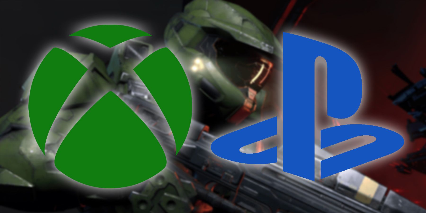 Xbox and PlayStation logos on front of an image of Master Chief with an assault rifle.
