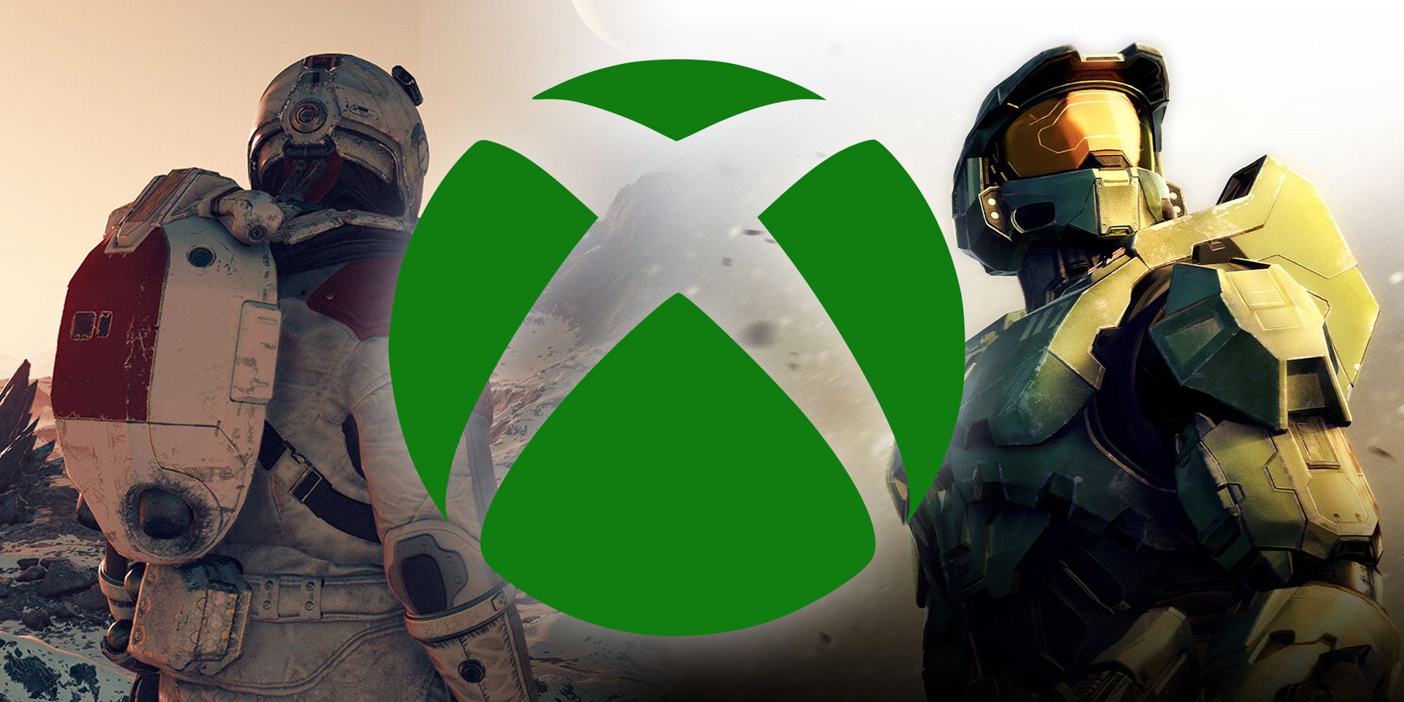 A Starfield astronaut and Master Chief from Halo Infinite flanking the Xbox logo.