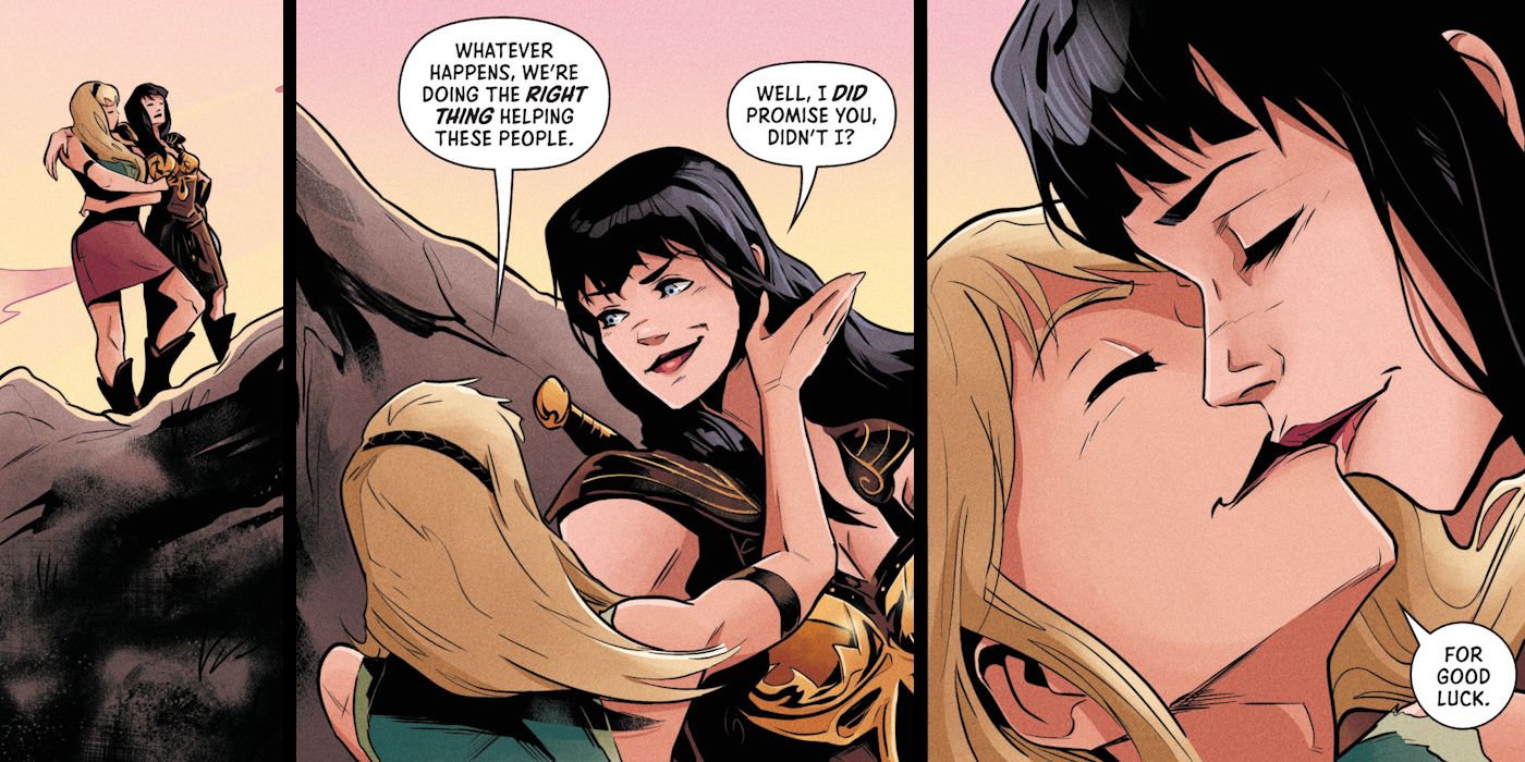 Xena e Gabrielle se beijam para dar sorte em Xena: Warrior Princess #2 da Dynamite Comic Series 2