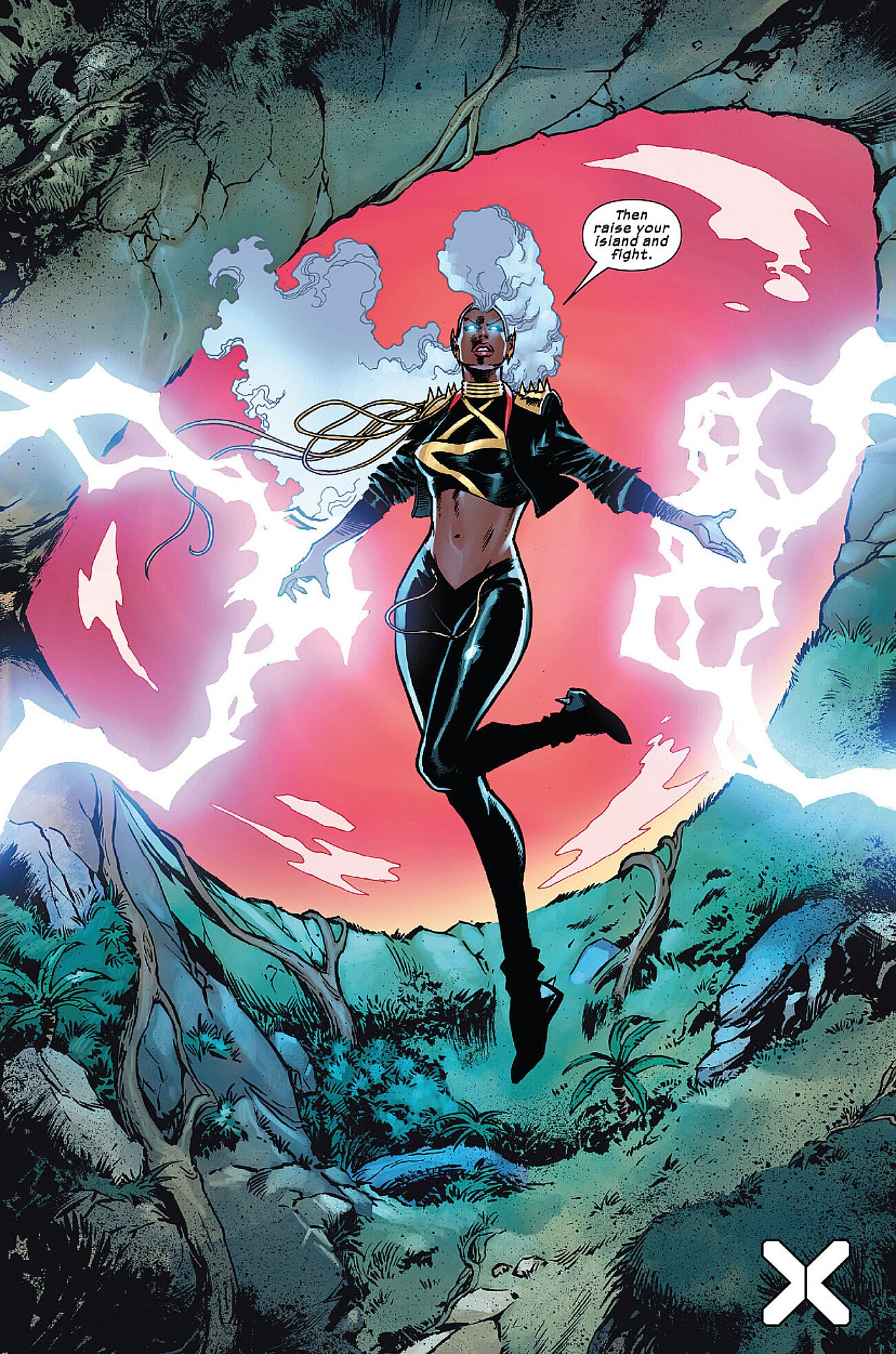 Página final de X-Men Red #17, Tempestade flutua na frente dos olhos de Kaorak