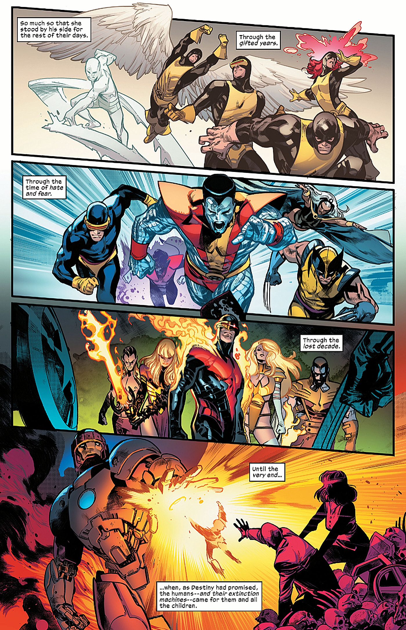 page from House of X #2, depicting successive eras of X-Men