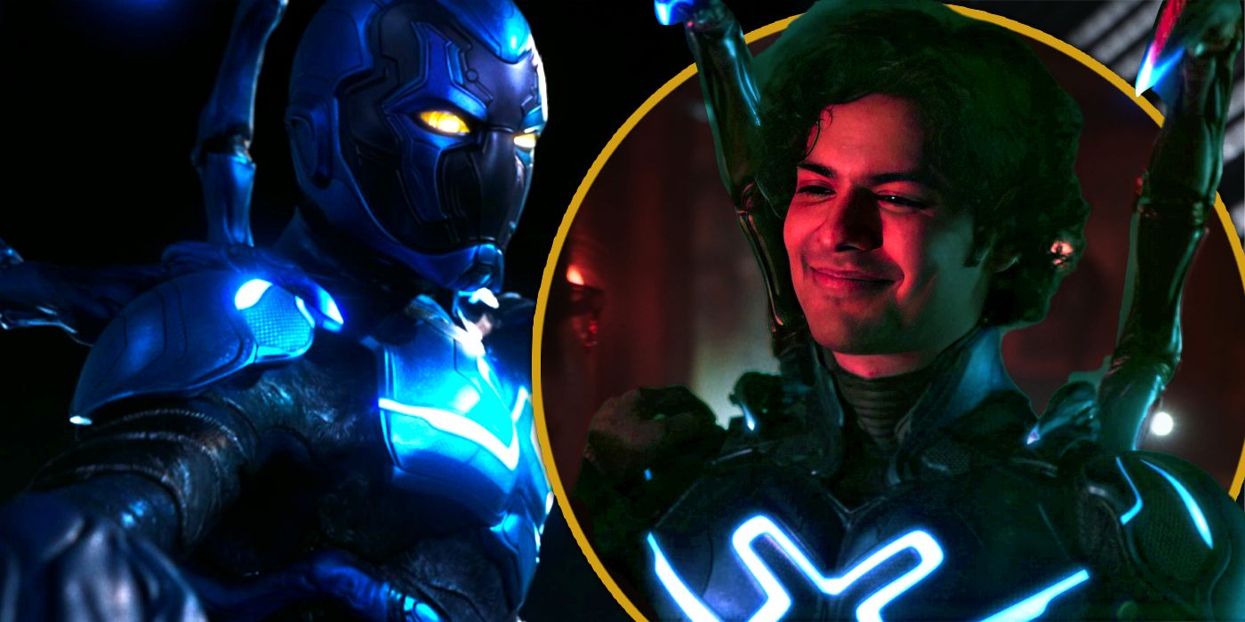 Xolo Mariduena as Jaime looking happy and Blue Beetle in action Exclusive header