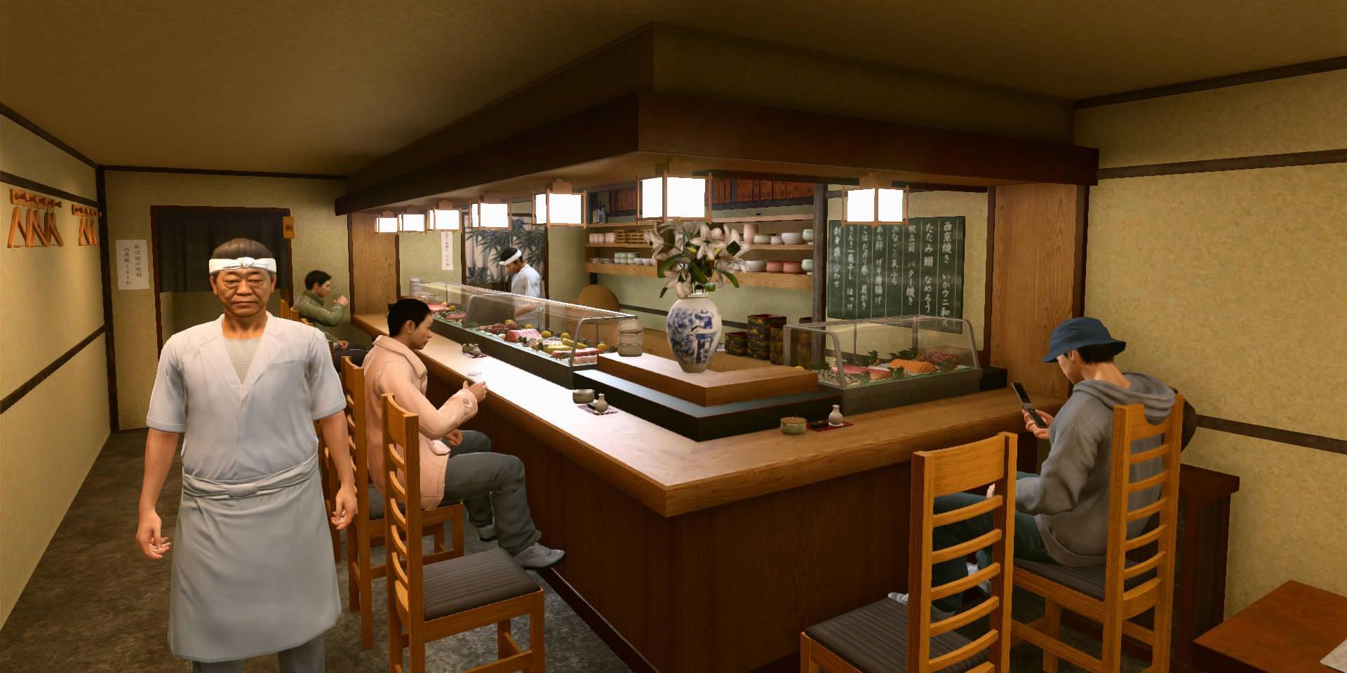 A chef stands tall next to the counter at Kyushu No. 1 Star ramen in a screenshot from the Yakuza series.