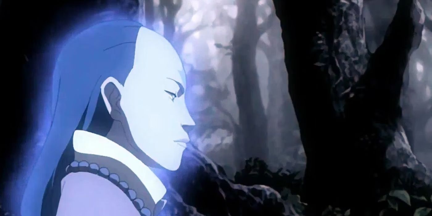Yangchen conversando com Aang como um espírito no final da temporada de The Last Airbender