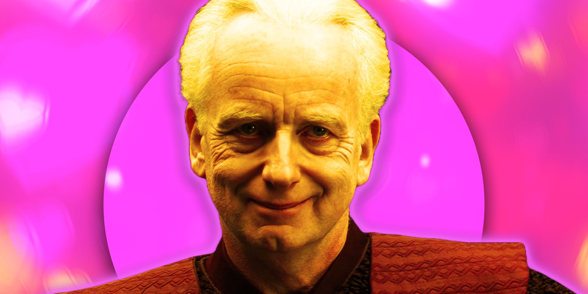 Ian McDiarmid as Emperor Sheev Palpatine smirking in Revenge of the Sith surrounded by pink and hearts
