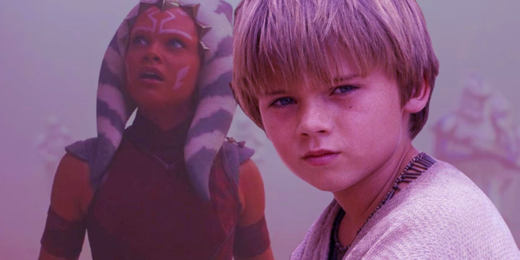 Young Ahsoka from the Ahsoka show looking surprised in the background and young Anakin from The Phantom Menace in the foreground