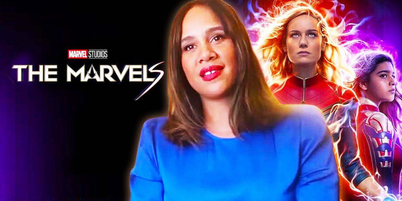 Edited image of Zawe Ashton during The Marvels interview