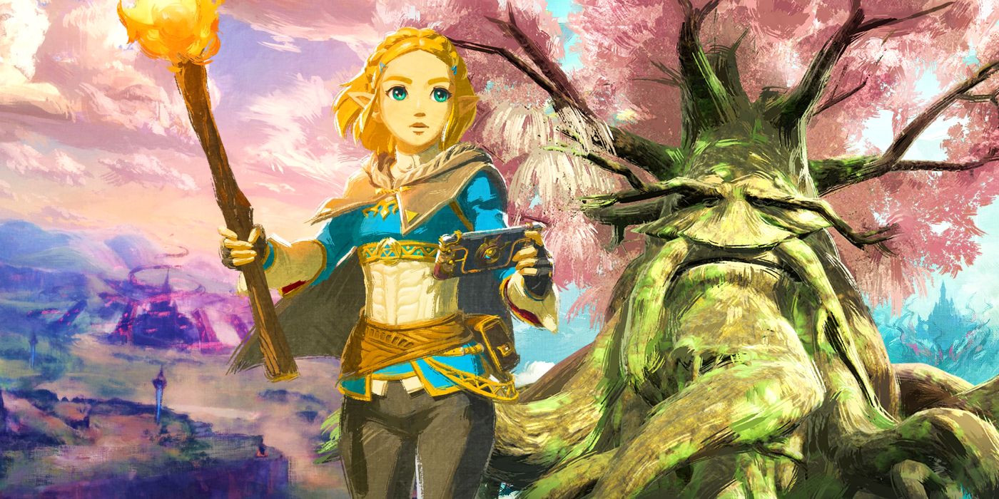 Multiple official Zelda artworks combined into a collage. Zelda holds a torch and the Sheikah Slate with the Deku tree behind her and to the right. The background is a composite of artworks showing Hyrule from afar, both showing Hyrule Castle under Calamity Ganon and Ganondorf's influence.