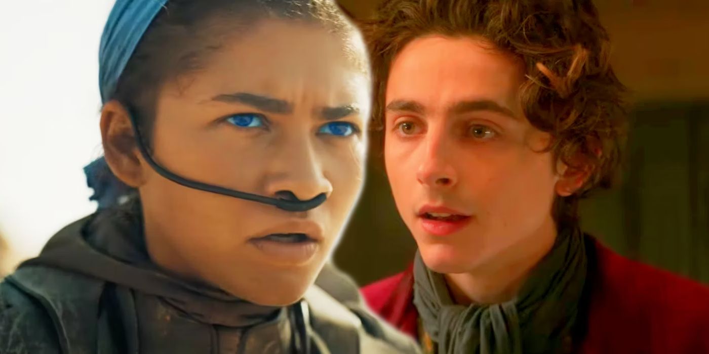 Zendaya as Chani looking surprised in Dune Part Two and Timothee Chalamet as Wonka looking surprised in Wonka