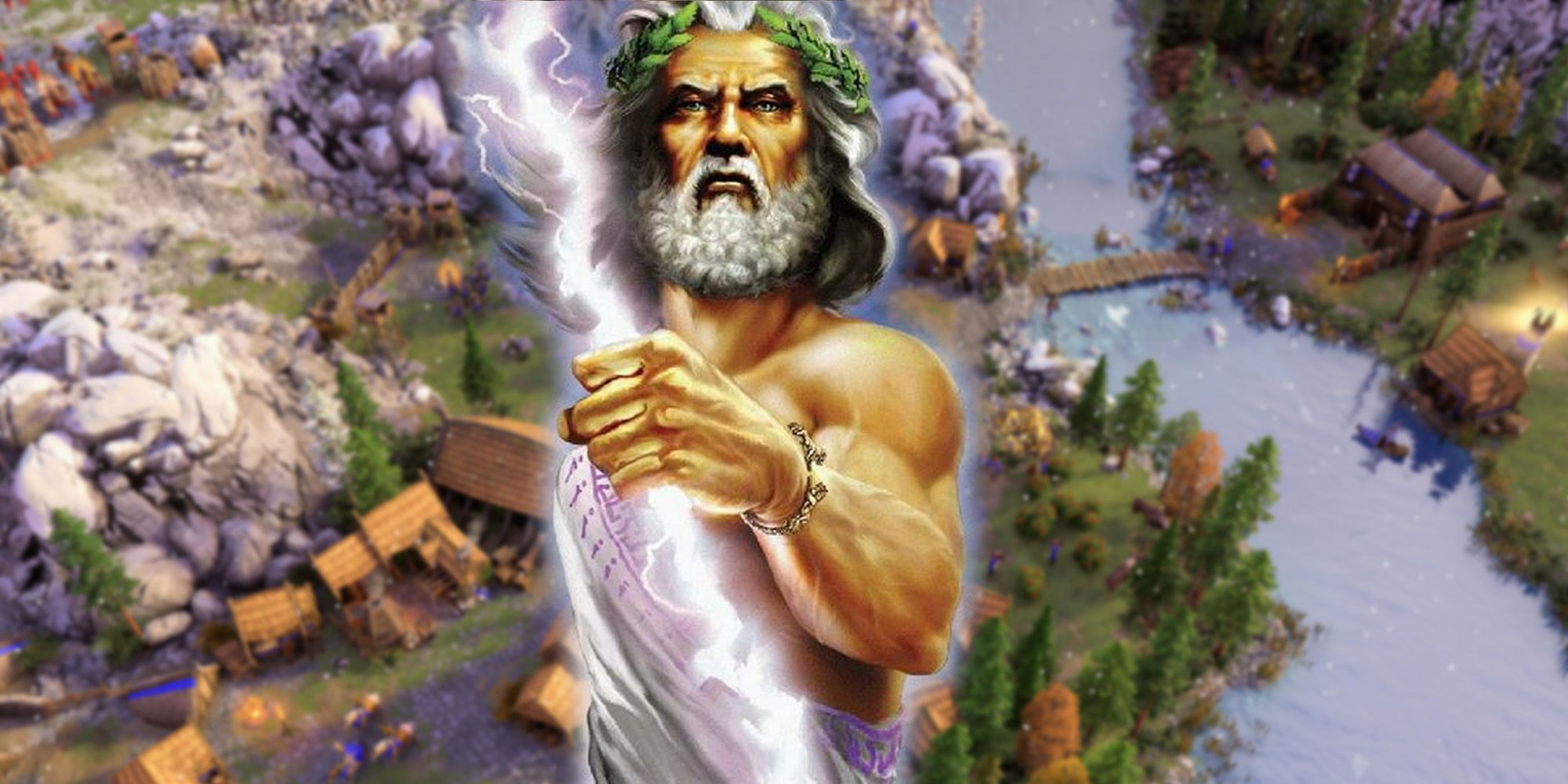 Art of Zeus from Age of Mythology in front of gameplay from Age of Mythology: Retold.