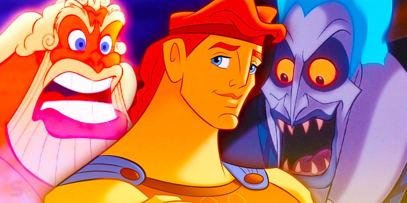 A composite image of Hercules smirking in front of two pictures of an enraged Zeus and Hades from the 1997 Hercules film.