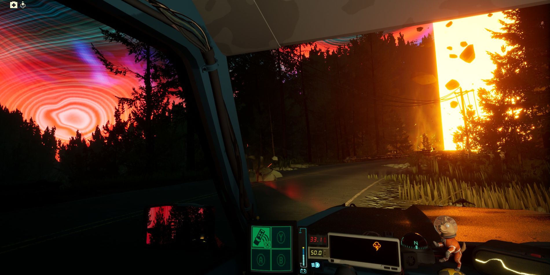 Screenshot from Pacific Drive shows player driving towards a close yellow column of light as a large red wave of radiation begins to enclose on the players location.