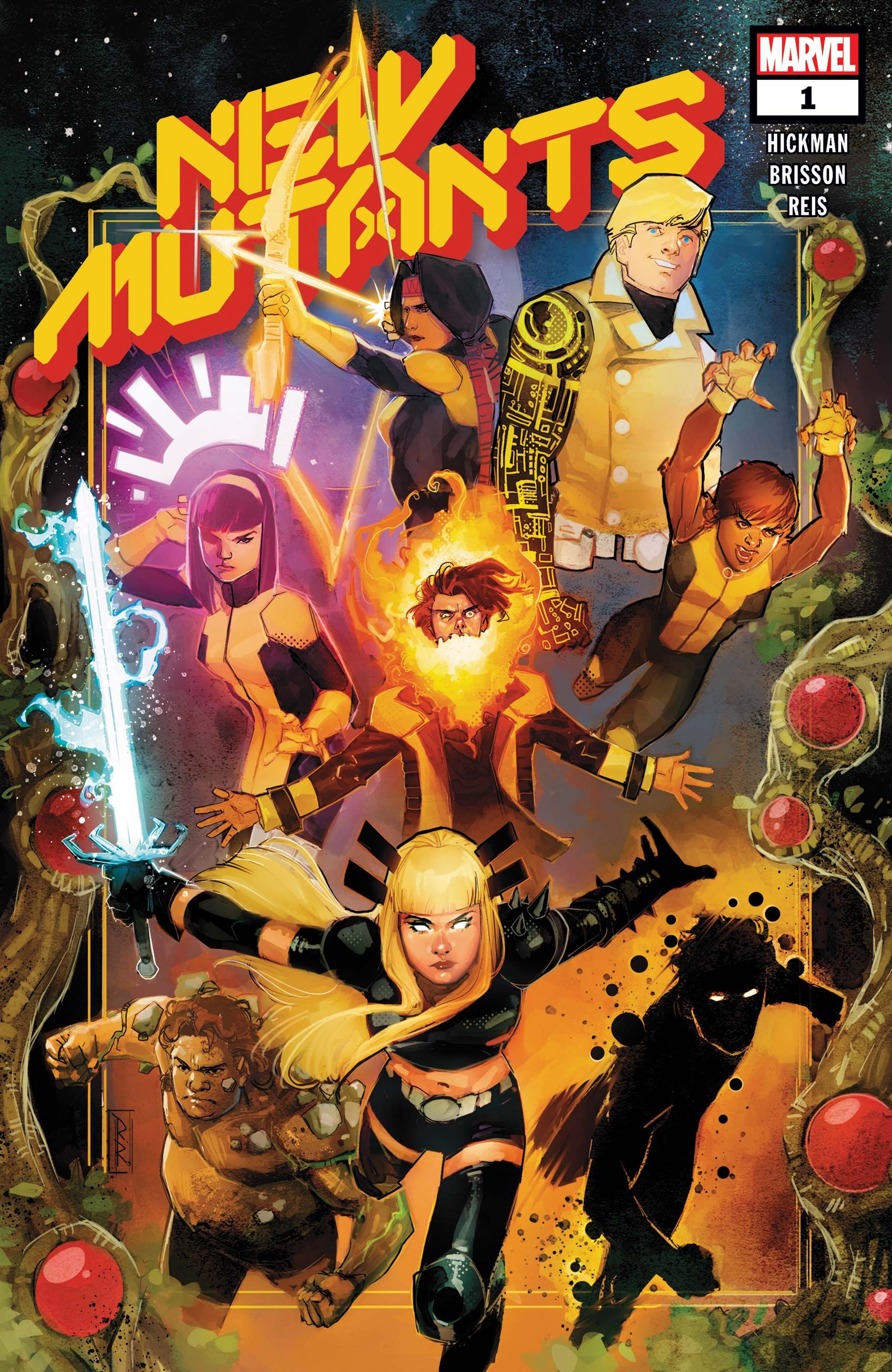 Capa de Rod Reis para New Mutants (2019) #1, apresentando mutantes incluindo Magik, mancha solar, Cypher e muito mais