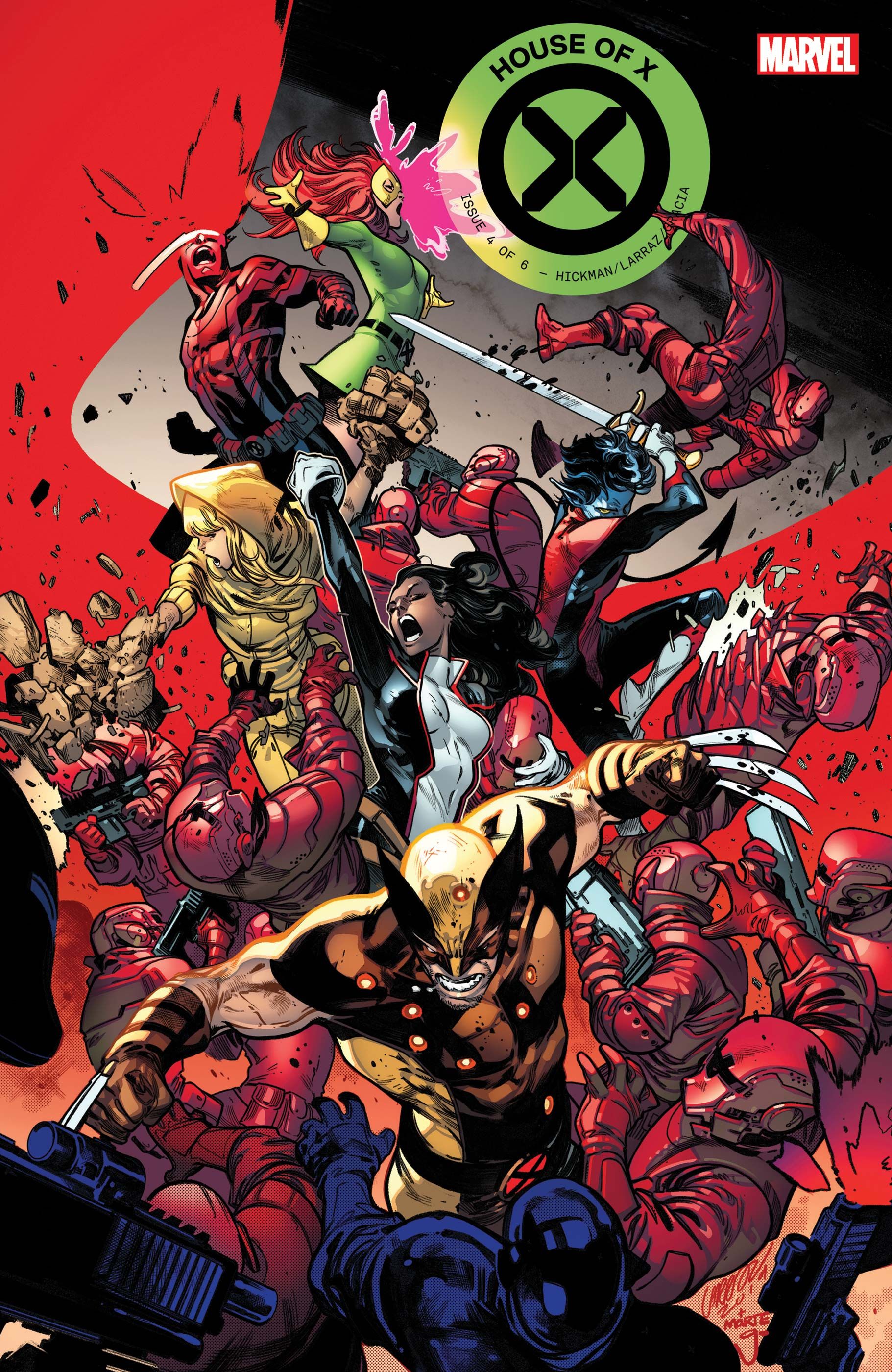 Pepe Larraz and Marte Gracia's cover to House of X #4, featuring X-Men in battle with Orchis