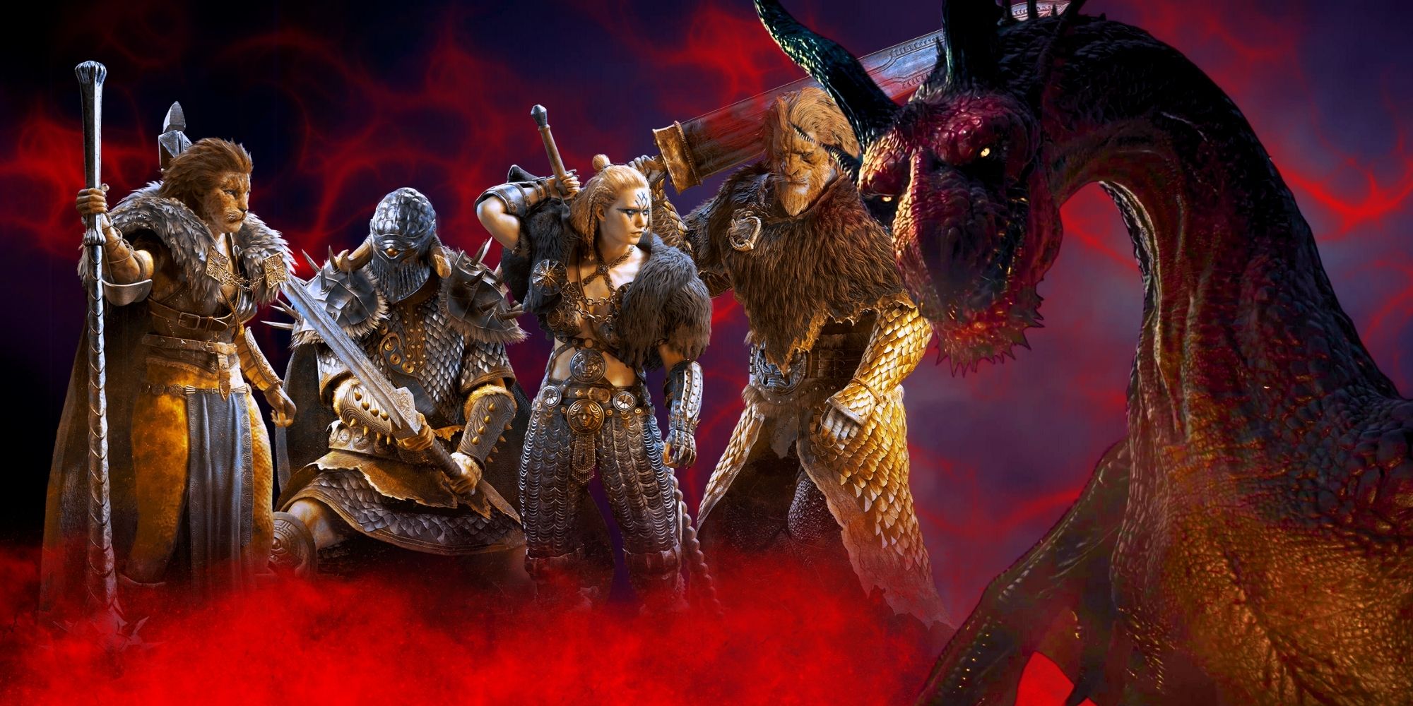 Characters from Dragon's Dogma 2 with a huge dragon beside them.