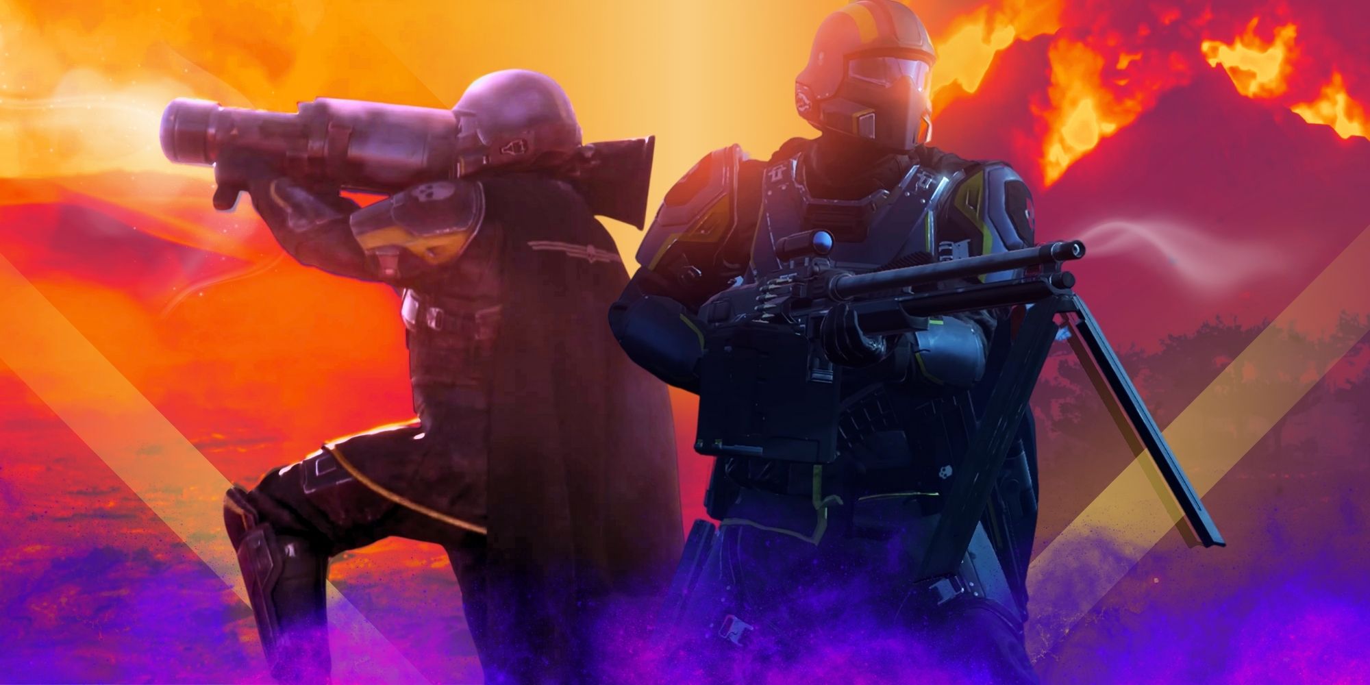 Helldivers 2 characters holding a sniper rifle and rocket launcher in front of a flaming background.