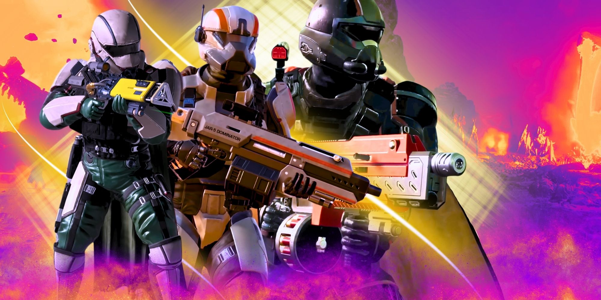 Three soldiers in Helldivers 2 brandishing guns on an orange and purple background.
