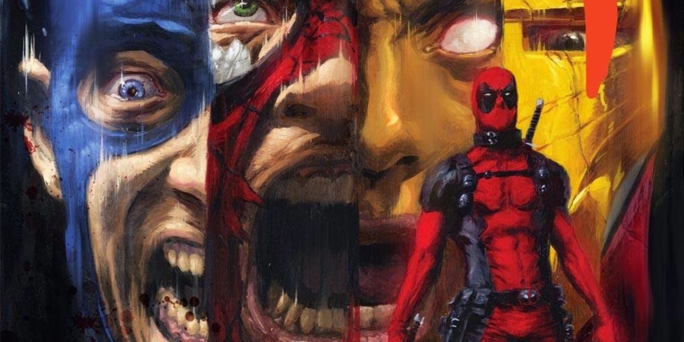 Deadpool parado na frente dos rostos gritando do Capitão América, Homem-Aranha e Homem de Ferro.