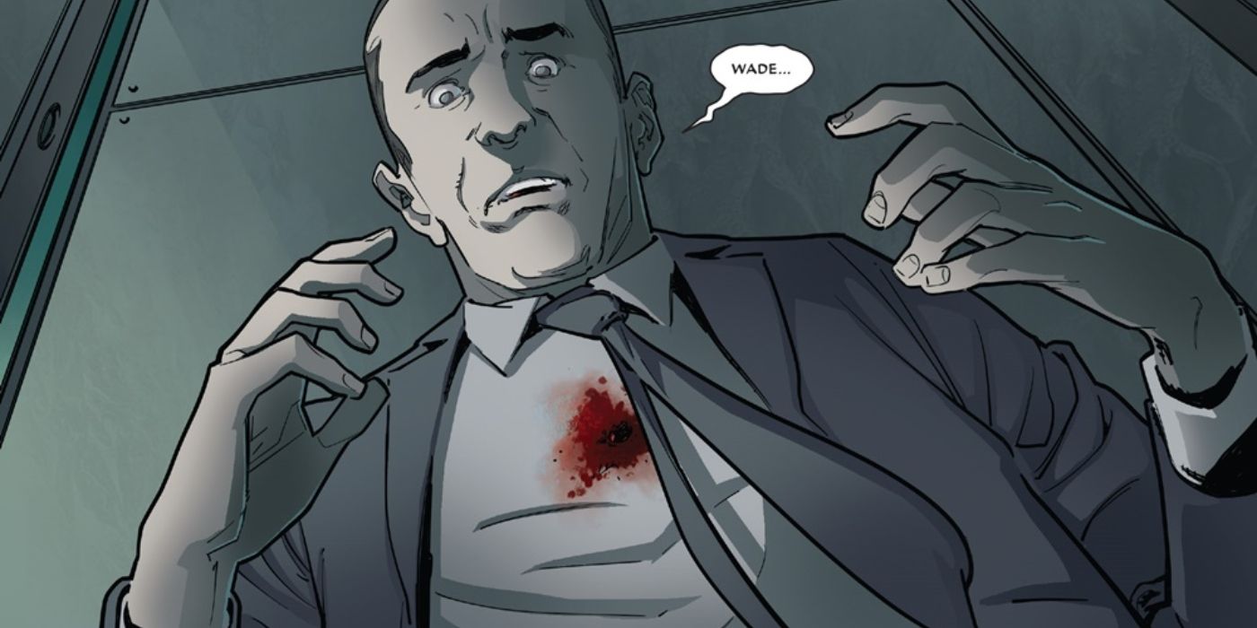 A versão de Phil Coulson da Marvel Comics tem um ferimento no peito após ser baleado por Deadpool.