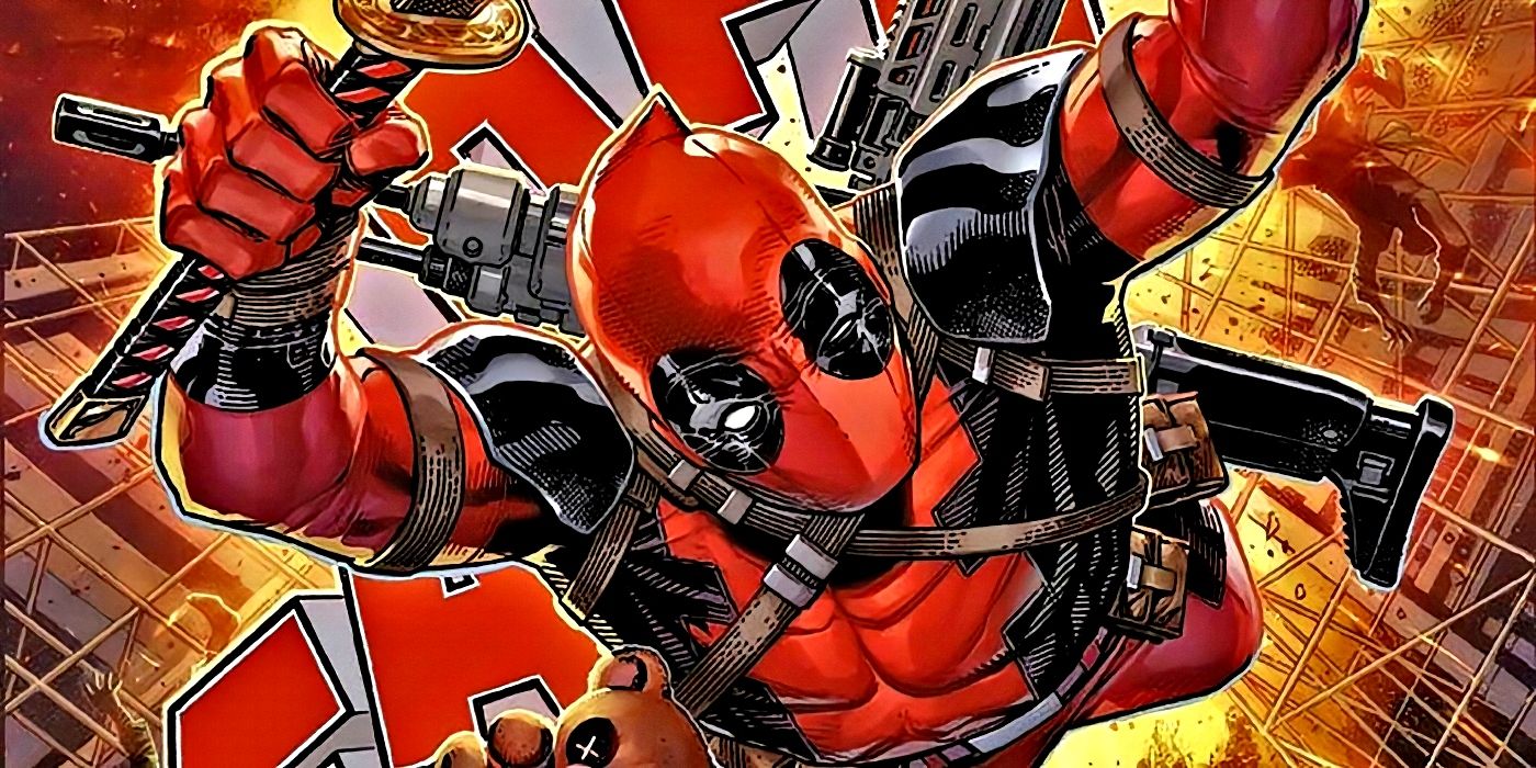 Deadpool jumping away from an explosion. 