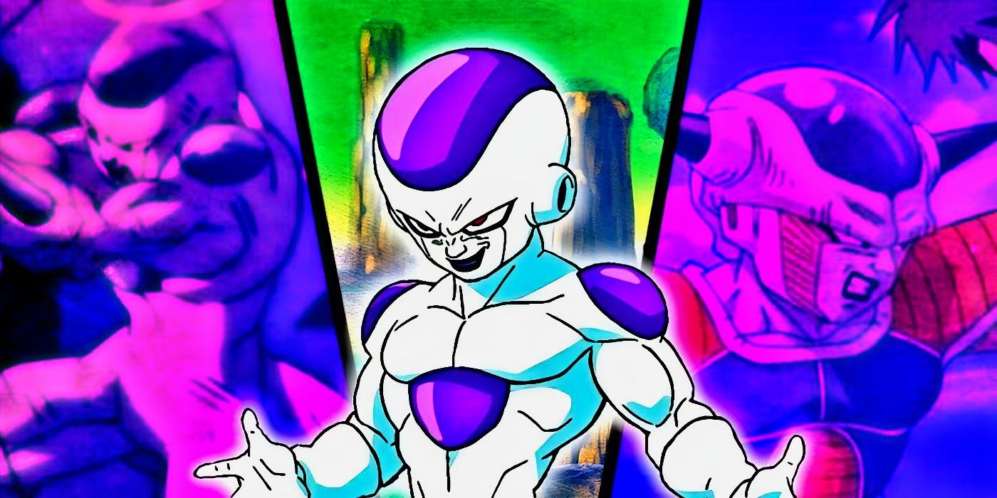 Dragon Ball Z's Frieza standing in front of purple-colored scenes of himself from the series.