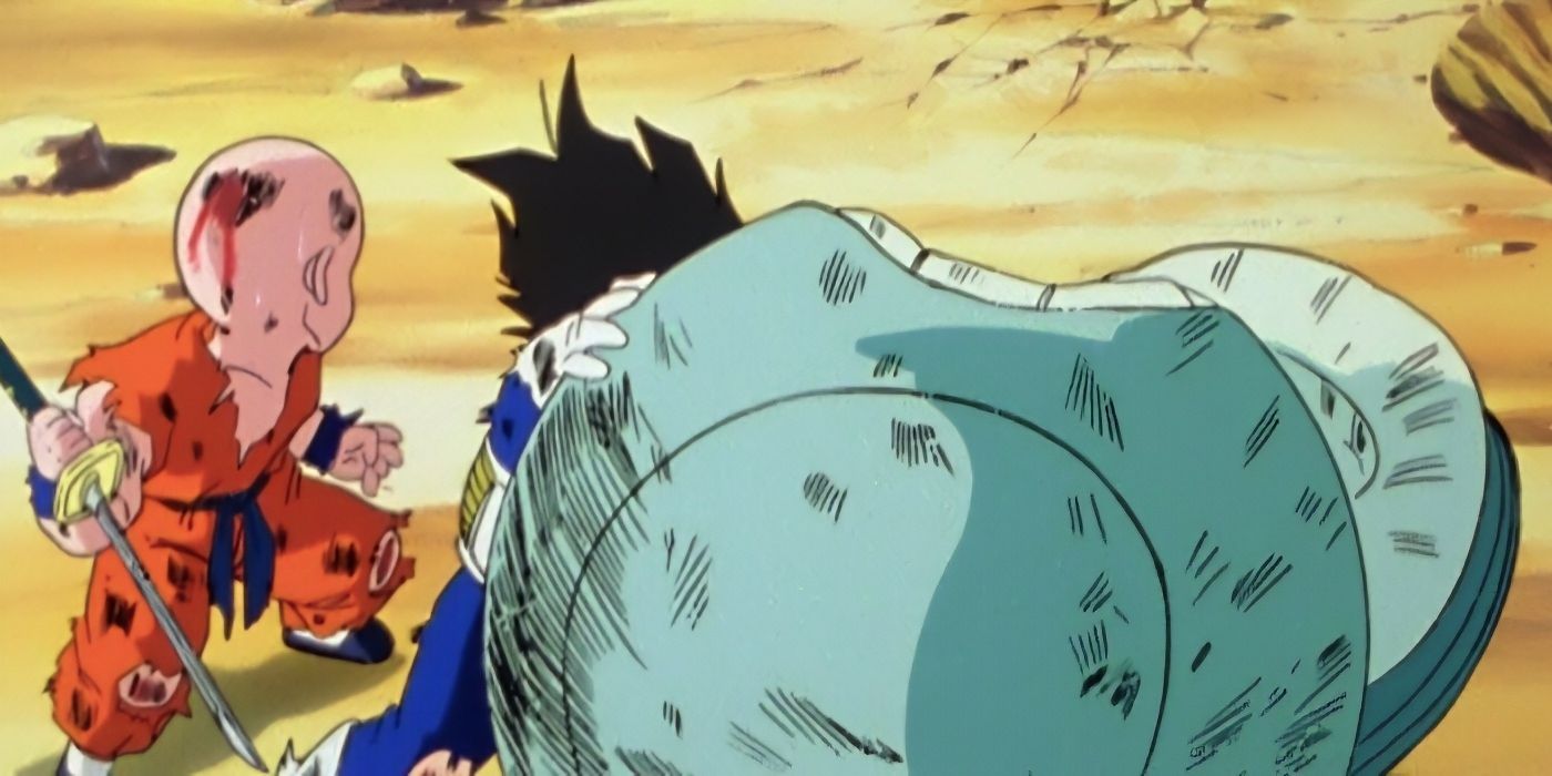 Kuririn prestes a matar Vegeta em Dragon Ball Z.