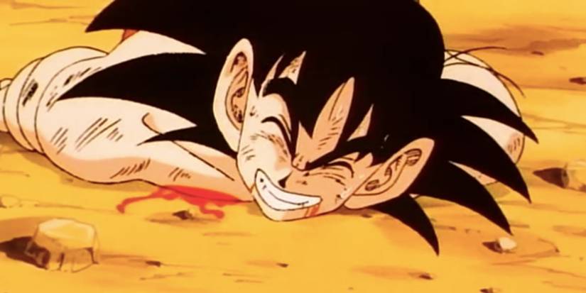 Goku smiling because he just won the World Martial Arts Tournament in Dragon Ball.