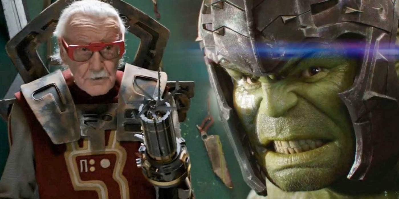 Stan Lee as cyborg barber next to Hulk in Gladiator Armor