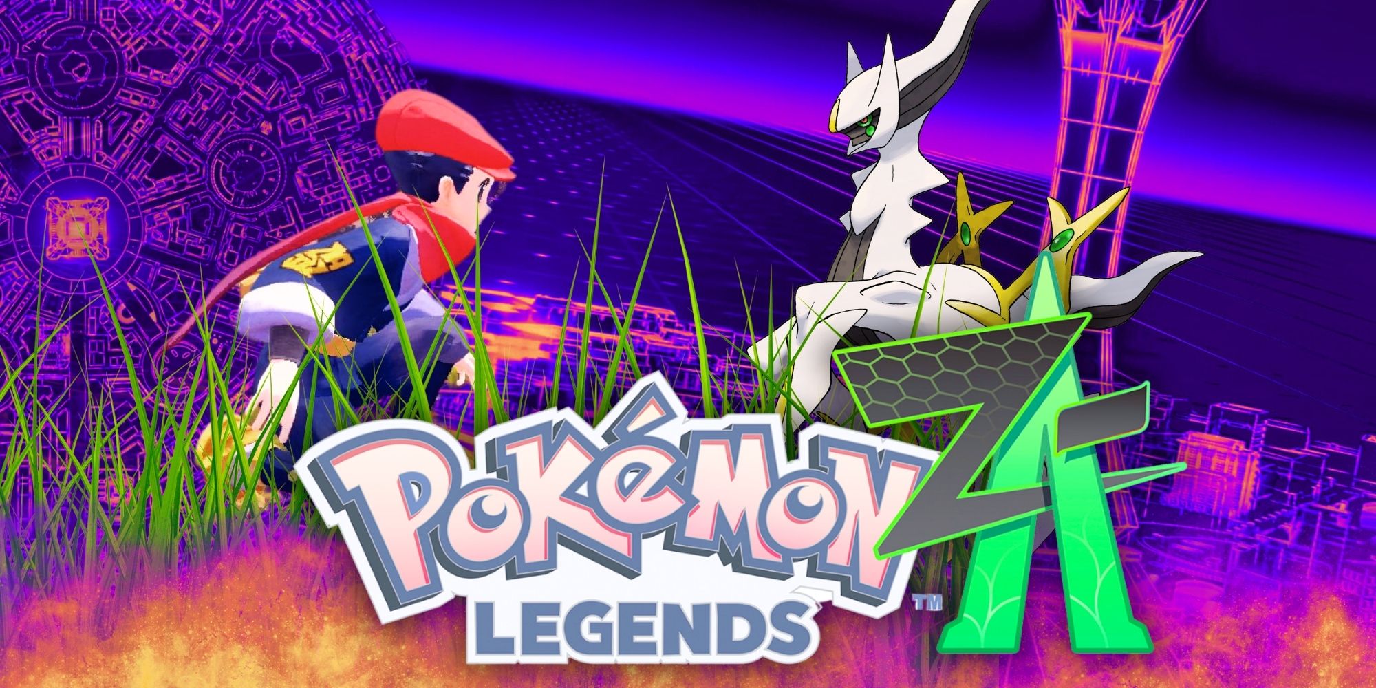 Pokémon Legends Z-A with the characters from Pokémon Legends Arceus behind