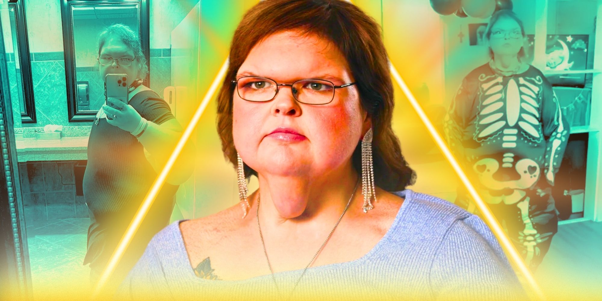 1000-Lb Sisters Tammy Slaton wearing grey top with long rhinestone earrings and open hair with a yellow neon light around her